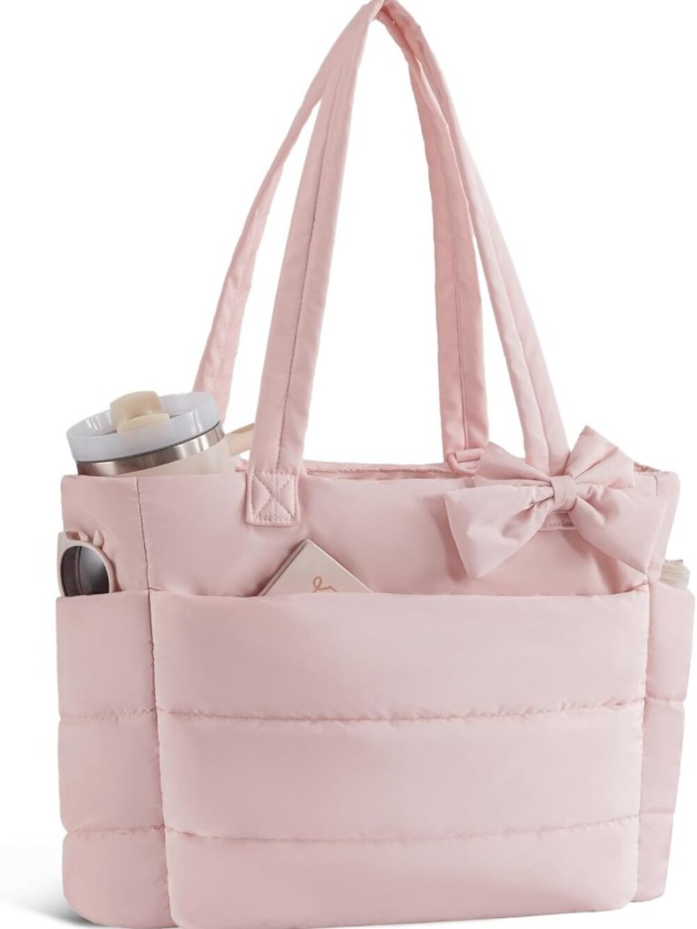 Quilted Puffer Tote Bag for Women - Stylish with Cup Holder & Laptop Compartment